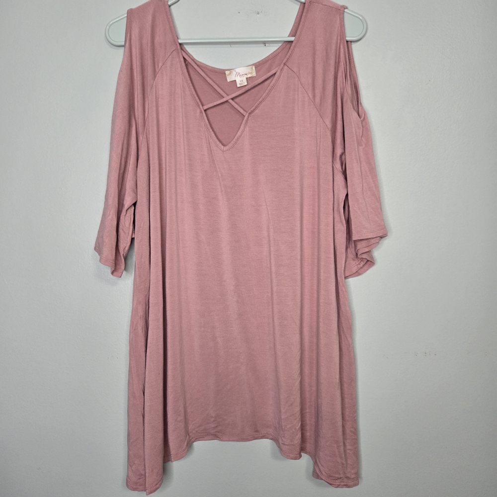 Misia Pink Cold Shoulder Criss Cross Top 1X
